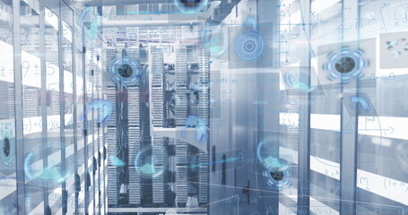 Displaying server racks projecting holographic equations in data center corridor, with LED lights