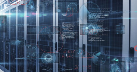Blinking servers running in data center with network switches, cables, glass doors, code overlays © vectorfusionart