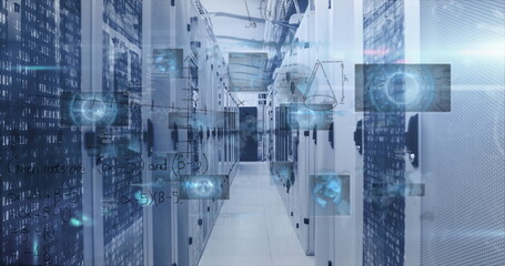 Highlighting server aisle running through data center, showing cable trays and digital overlays