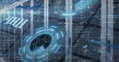 Displaying holographic interface with math formulas on glass panels in lab, with HUD graphics