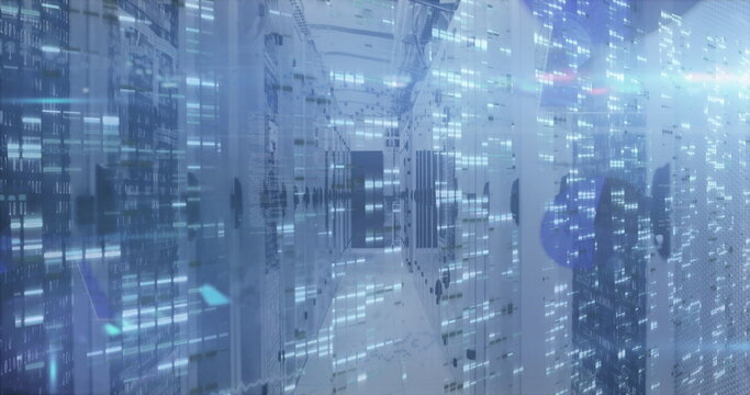 Central server racks streaming data overlay in data center corridor, with LED lights and vents
