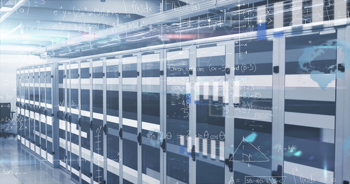 Displaying server racks glowing in data center aisle, with LED lights and math equation overlays