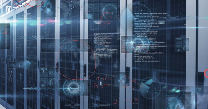 Blinking servers running in data center with network switches, cables, glass doors, code overlays