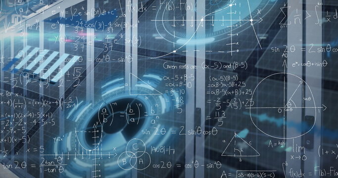 Displaying holographic interface with math formulas on glass panels in lab, with HUD graphics