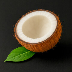Tropical Caribbean Coconut Half with Leaf on Black Background