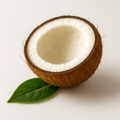 Fresh Caribbean Coconut Half with Leaf on White Background