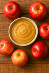 Organic American Applesauce with Fresh Red Apples on Wooden Background