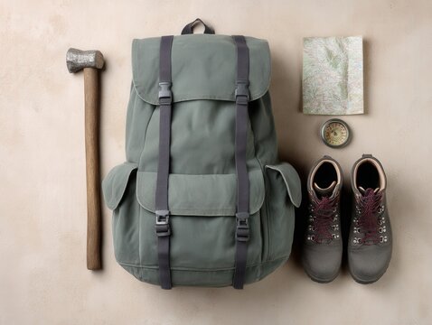 Essential outdoor adventure gear including a sturdy green backpack hiking boots a detailed map compass and an axe arranged on a neutral surface ready for exploration in nature - Powered by Adobe