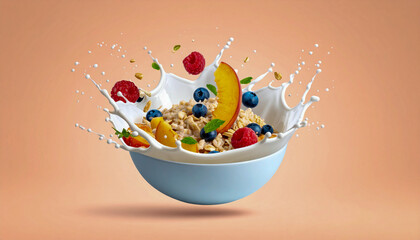 Splashing Oatmeal with Fruit and Milk on Peach Background