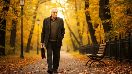 Senior man walking purposefully through a beautiful autumn park, carrying a briefcas, contemplative scene. - Powered by Adobe