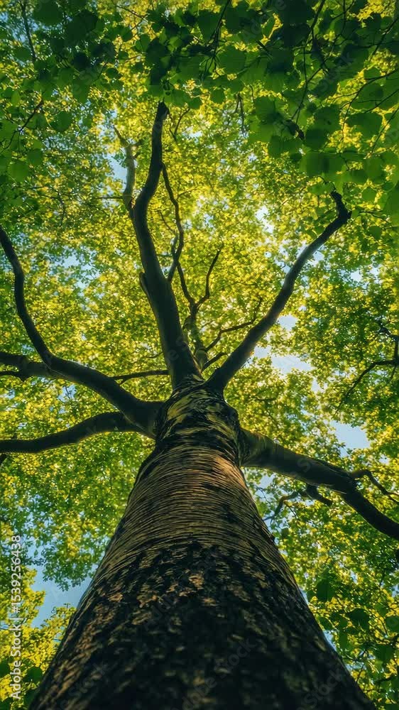 Poster bright sunlight shining through tree branches, creating a vibrant pattern of light and shadow.