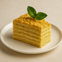 Traditional Eastern European Honey Cake Slice with Mint