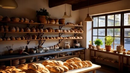 Interior of a bakery filled with freshly baked loaves of artisan bread displayed on shelves and tables in warm, natural light. - Powered by Adobe