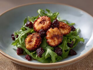 Fototapeta premium Freshly Sautéed Octopus Rings Served on a Bed of Nutritious Arugula and Garnished with Savory Blackberries to Create a Delectable Culinary Experience captured with clarity