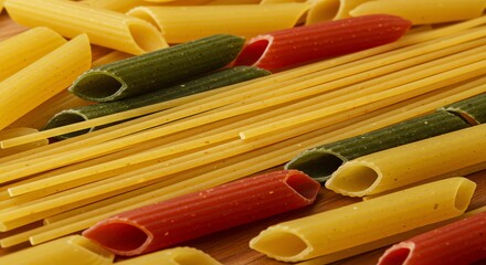 Tricolore Pasta Medley: Penne, Spaghetti, and Culinary Harmony on Wooden Surface