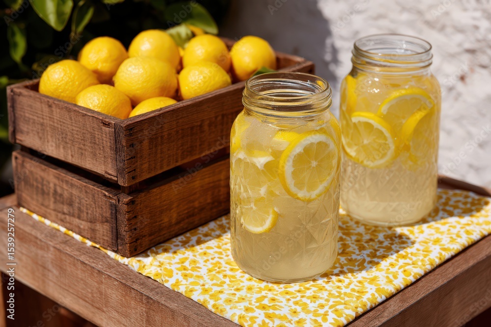 Poster refreshing lemonade served in jars with lemon slices and vibrant yellow lemons in a rustic wooden cr
