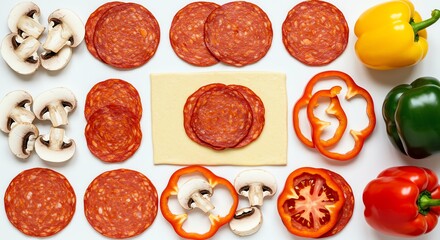Pizza ingredients: Sliced pepperoni, mushrooms, peppers, and dough on a white background