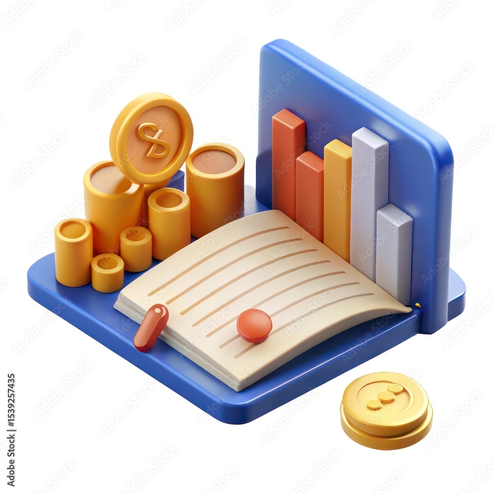 Poster 3d render of financial report with coins and bar graph