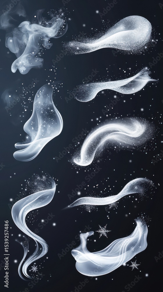 Poster a collection of ethereal white smoke wisps and sparkling particles on a dark background design eleme