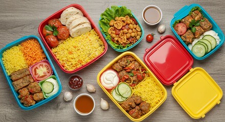 Colorful Bento Boxes with Diverse Meals on a Wood Grain Tabletop