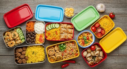 Colorful Bento Boxes Filled with Diverse Culinary Delights on Rustic Wood Surface