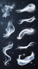 A collection of ethereal white smoke wisps and sparkling particles on a dark background design element