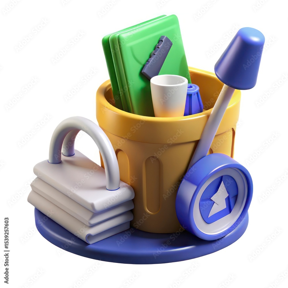 Poster 3d render of trash can with various items representing data deletion