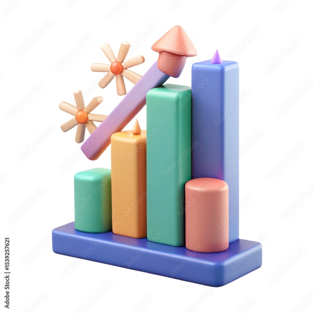 Poster 3d render of colorful bar graph showing growth