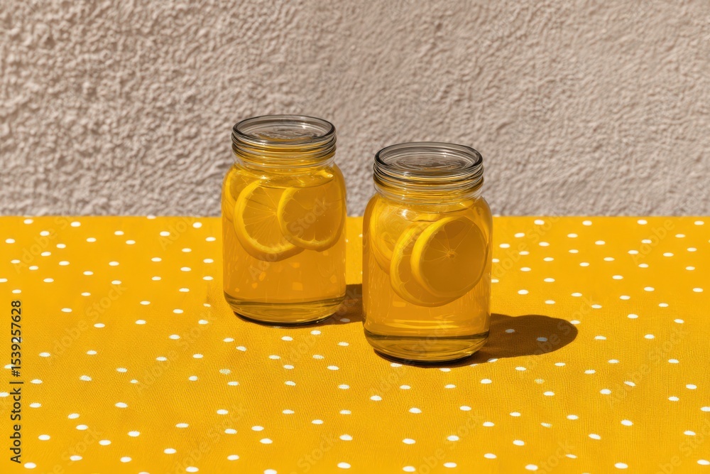 Aufkleber refreshing lemonade jars with lemon slices in a vibrant sunny setting capturing the essence of summe