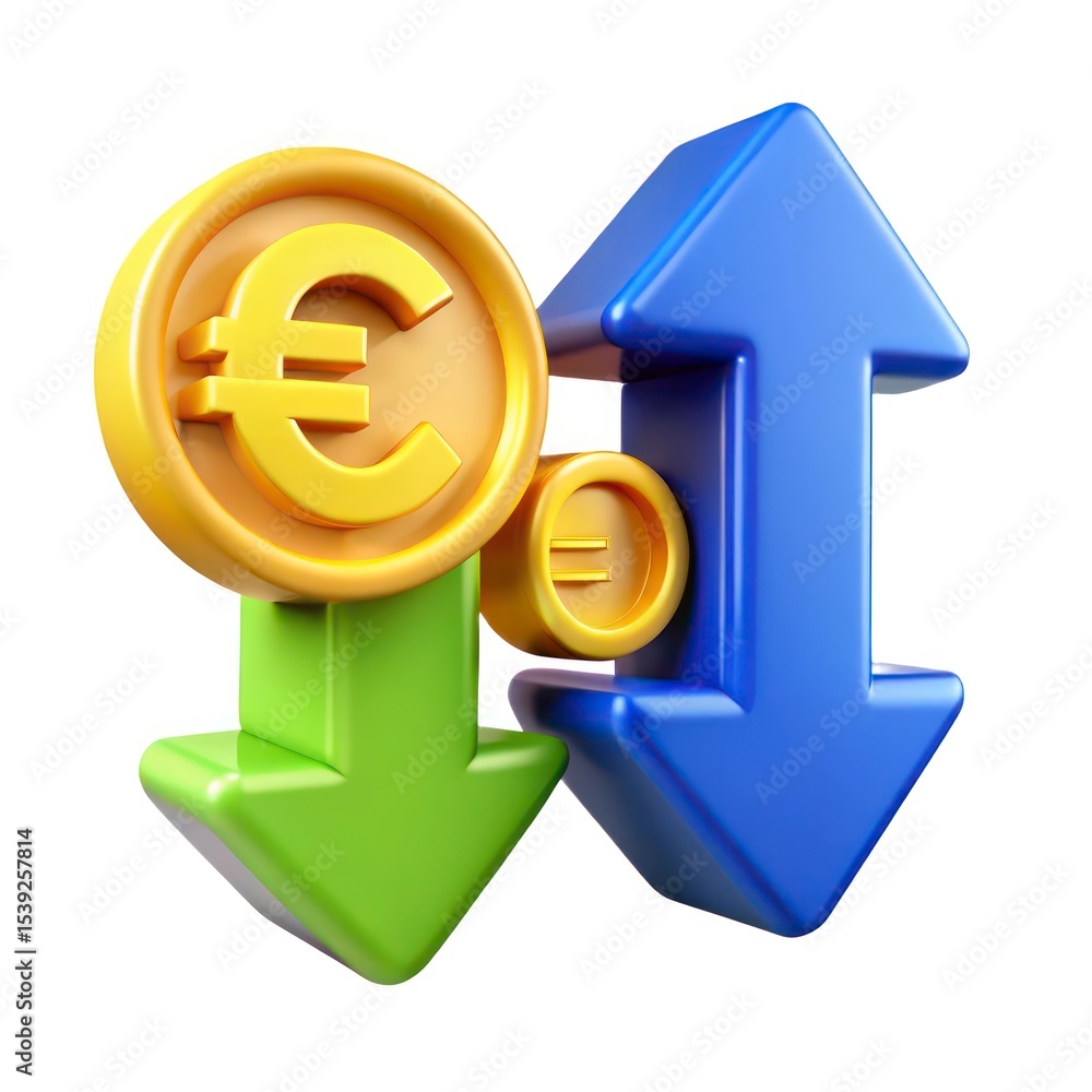 Poster 3d render of euro currency symbol with up and down arrows