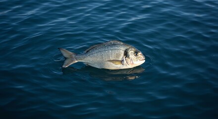 Gilthead Seabream Floating on Deep Blue Sea Surface, Reflecting Sunlight