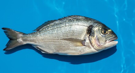 Fresh Gilthead Bream on Blue: A Detailed Close-Up of Mediterranean Seafood