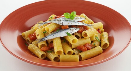 Rigatoni pasta with tomato sauce and fresh anchovies on a terracotta plate