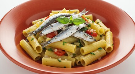 Rigatoni pasta with fresh anchovies, tomatoes, and basil in a terracotta bowl
