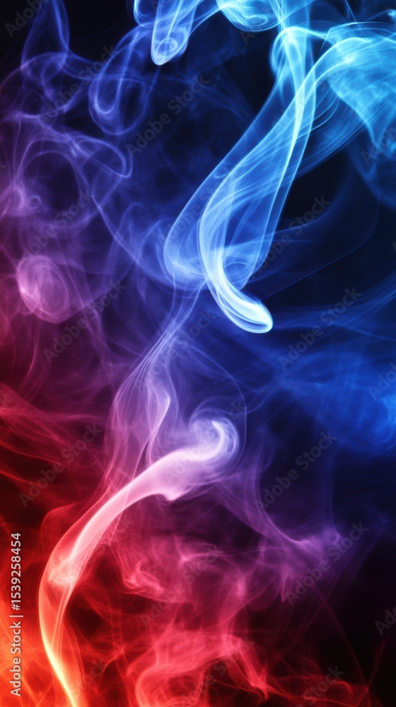 Poster an abstract image showing swirling smoke with blue red and purple color gradients on a dark backgrou