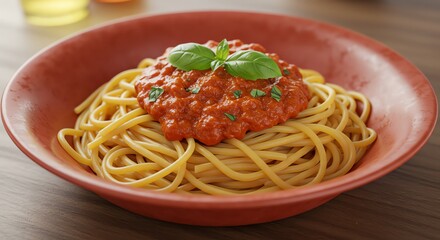 Classic Spaghetti with Tomato Sauce and Basil in Rustic Terracotta Bowl
