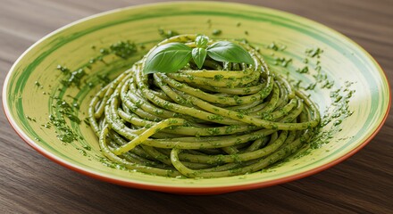 Bucatini pasta with pesto sauce and basil leaf on a colorful plate