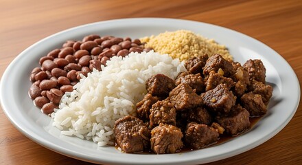 Fototapeta premium Delicious feijoada meal with rice, beans, and farofa on white plate, traditional Brazilian cuisine dish, comfort food