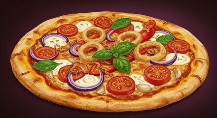 Artistic Pizza with Tomato, Onion Rings, Basil, and Cream Cheese on a Dark Background
