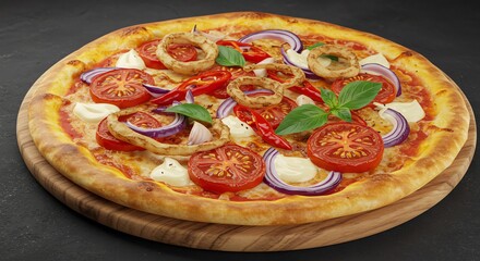 Appetizing pizza with tomatoes, onion rings, basil, and chili peppers on a wooden board