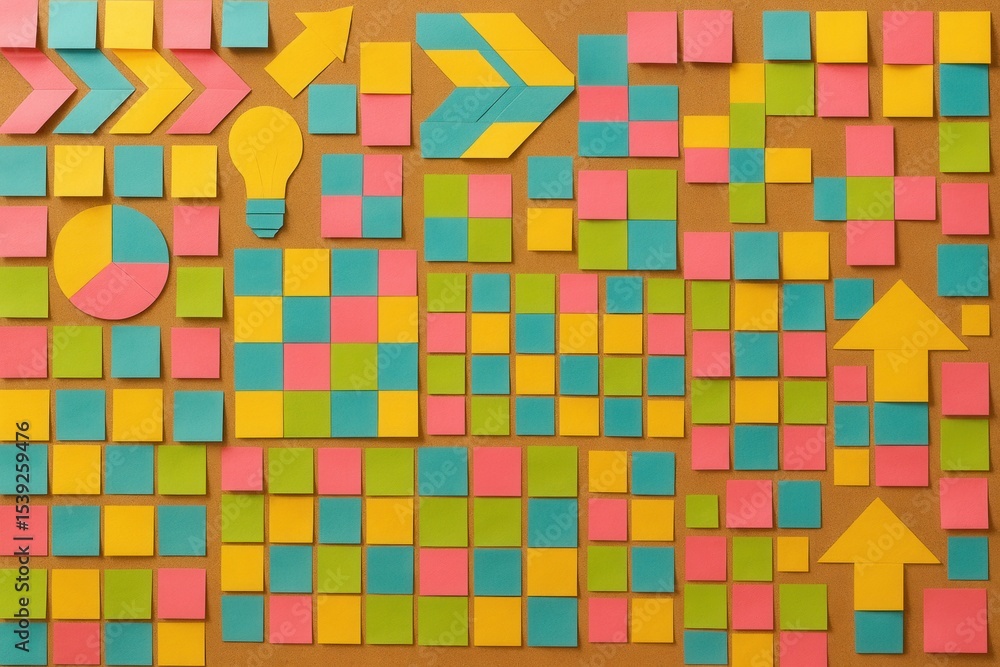 Aufkleber creative brainstorming wall with colorful sticky notes organized in dynamic patterns for innovative 