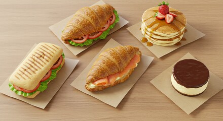 Assorted breakfast pastries and sandwiches on kraft paper, arranged on a wooden table