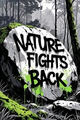 Ecological urban art illustration with bold green accents on a black and white background, depicting a forest scene, mossy rock, and graffiti statement "NATURE FIGHTS BACK" for environmental activism.