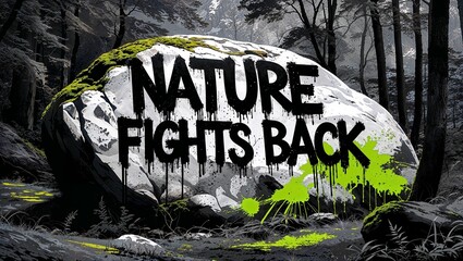 Graffiti street art illustration showing a moss-covered stone in a monochrome forest, highlighted with green paint and the rebellious quote "NATURE FIGHTS BACK" promoting ecological awareness.