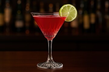 Elegant cosmopolitan cocktail in crystal martini glass with lime garnish against sophisticated bar background