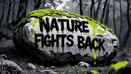 Nature-themed urban artwork in black, white, and green, featuring a large mossy rock and graffiti message "NATURE FIGHTS BACK", reflecting environmental activism and resistance through art.