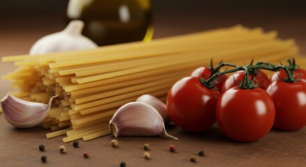 Italian Still Life: Pasta, Tomatoes, Garlic, and Pepper on a Wooden Surface