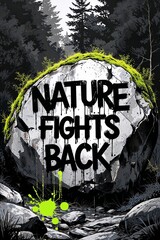 Black and white urban illustration with bold green accents, featuring a mossy forest rock and graffiti quote "NATURE FIGHTS BACK", symbolizing ecological resistance and environmental awareness.