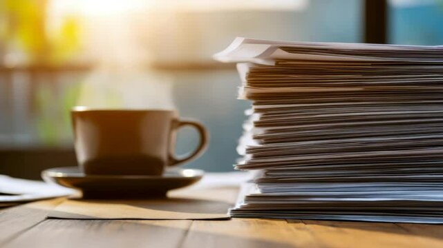A tall stack of papers is positioned next to a coffee cup on a wooden table, bathed in warm sunlight, creating a cozy workspace atmosphere