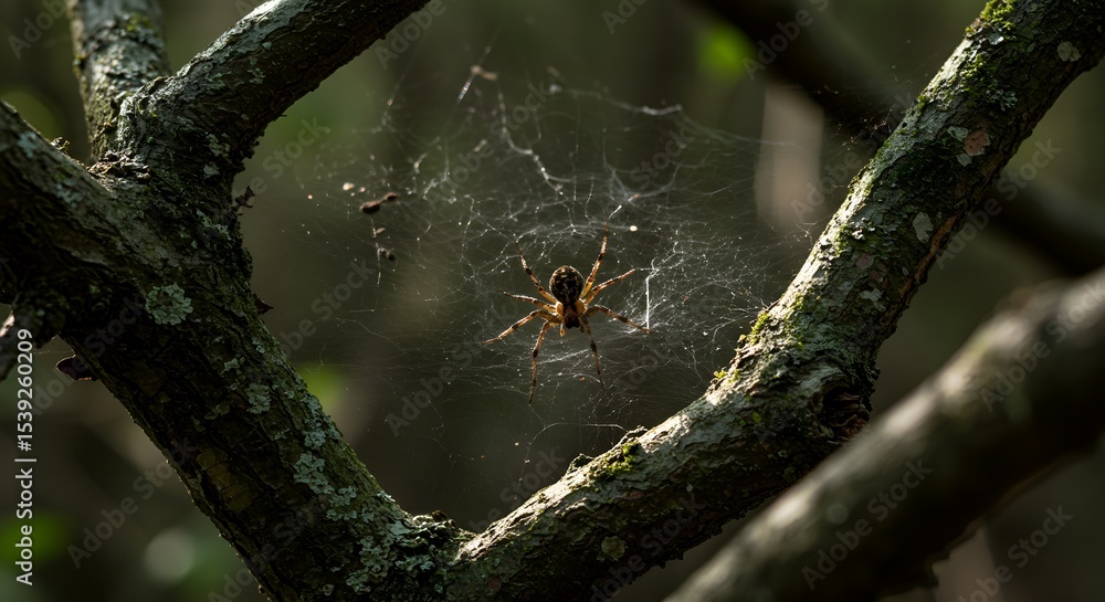 Wall mural spider in intricate web on tree branch
